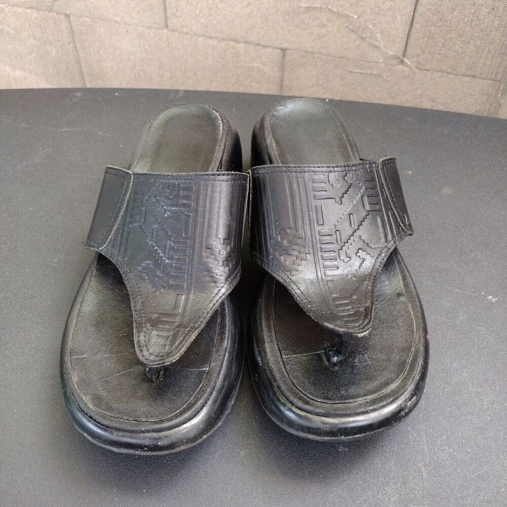 Dansko Tooled Leather Sandals Black Thong Platform Sz 37 6.5/7 Made in Portugal
